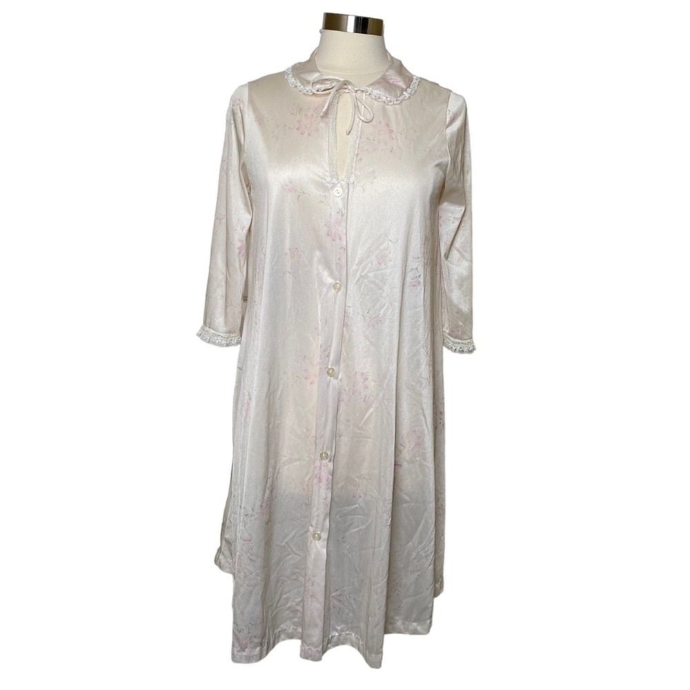 Vintage Floral Satin Button Front Robe Nightgown Peter Pan Collar Women's Small